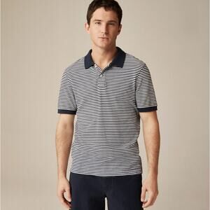 J.Crew Piqué Polo Shirt Mens L Navy White Striped Cotton Slim Fit Short Sleeve